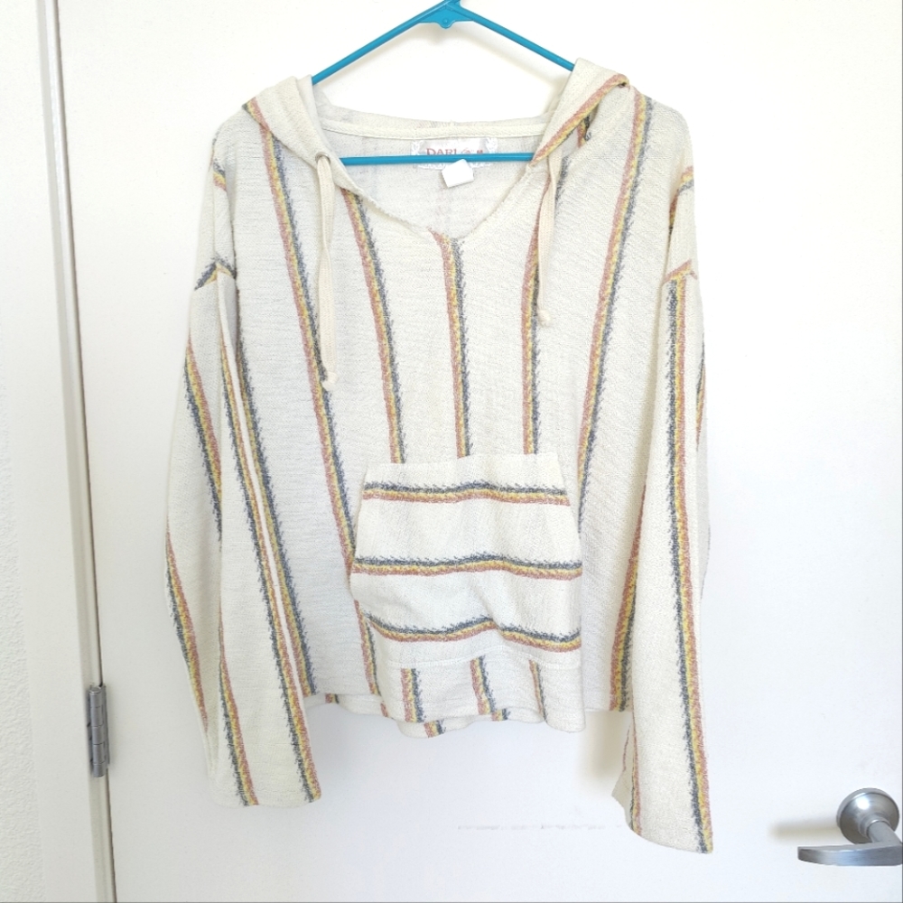 Dari White Striped Baja Hoodie Top with Red Yellow Blue Stripes NWOT